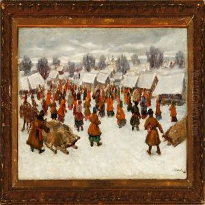 Streetlife Outside A Snow Clad Village by Sergei Ivanov