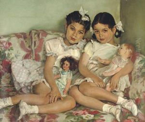 Portrait Of Two Young Girls With Dolls by Sergei Ivanov