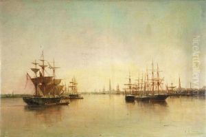 Abendliche Hafeneinfahrt Mit Zahlreichen Segelschiffen by E.G. Jaboneau