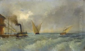 Seepartie Mit Segelbooten Und Dampfschiff. by Camille Jaccard