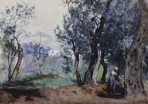 Maid Working In Woodland On A Hillside, Possibly Italy Maid Working In Woodland On A Hillside, Possibly Italy