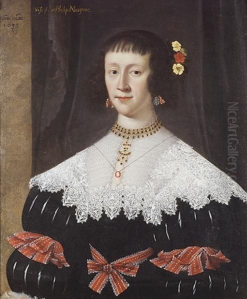 Portrait Of A Lady, Said To Be Lady Musgrave, Wife Of Sir Philip Musgrave, Half-length, In A Black Dress With A Lace Collar With Red Ribbons At Her Waist And Sleeves, Flowers In Her Hair - view 1