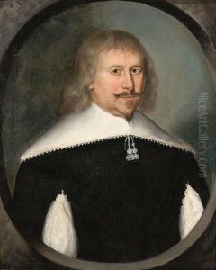 Portrait Of A Gentleman, Half-length, In A Slashed Black Doublet, With A White Collar, In A Painted Oval
