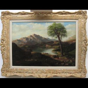 Figures, Cattle And Grazing Sheep By Highland Lake Figures, Cattle And Grazing Sheep By Highland Lake