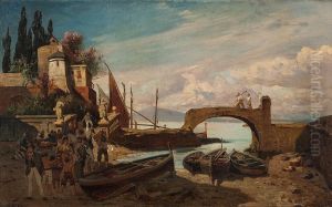 Hafenszene In Suditalien by Julius Jacobus Van De Sande Bakhuyzen