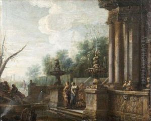Personnages Dans Un Paysage Architecture A La Fontaine. Personnages Dans Un Paysage Architecture A La Fontaine.