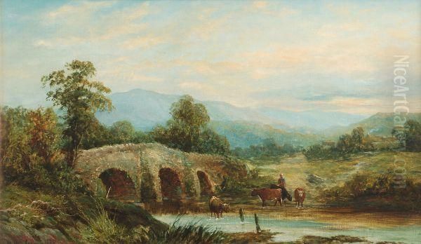River Scene With Cattle Watering By A Bridge - view 1