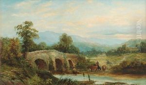 River Scene With Cattle Watering By A Bridge