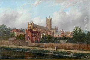Hereford Cathedral With Figures By The River