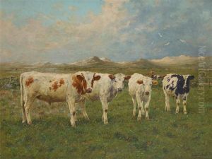 Troupeau De Vaches Sur Fond De Paysage Montagneux. by Adolphe Jacobs
