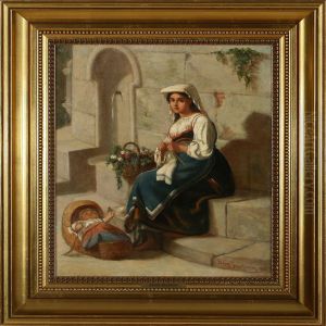 Young Italian Motherknitting Near A Fountain by David Jacobsen