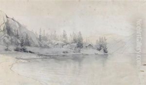 Norwegische Seelandschaft MitBlockhausern by Sophus Jacobsen