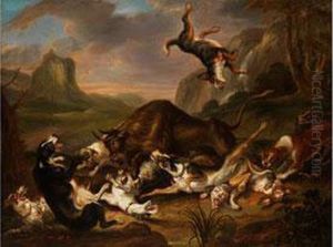 Hundemeute Im Kampf Mit Einem Stier by Jurian Jacobsz