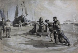 Fishermen Turning A Winch At Shorehamharbour by George Percy Jacomb-Hood