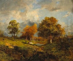 A Wooded Landscape With Cattle And A Figure By A Pond by Marie Ferdinand Jacomin