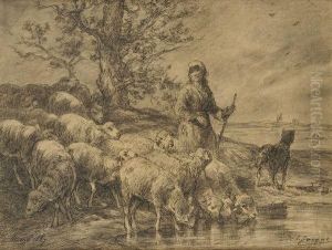 Gardienne Et Ses Moutons by Charles Emile Jacque
