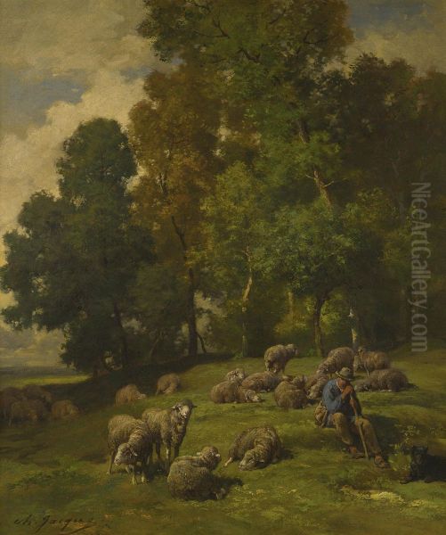Shepherd In A Field With His Flock - view 1
