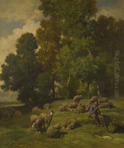 Shepherd In A Field With His Flock thumbnail