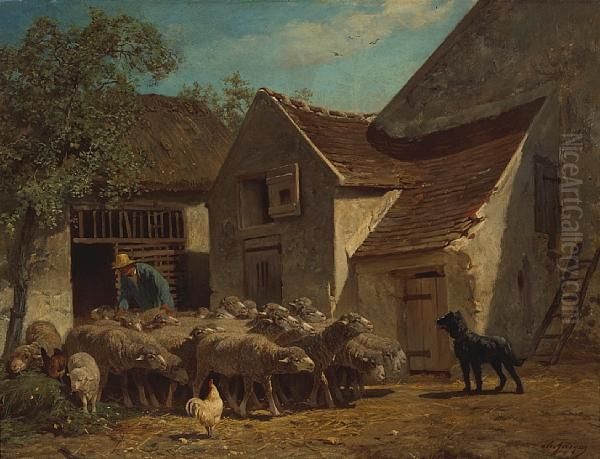 A Shepherd With His Flock Outside Farm Buildings - view 1