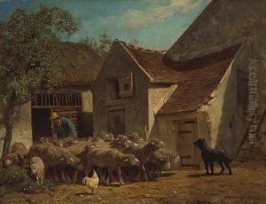 A Shepherd With His Flock Outside Farm Buildings by Charles Jacques