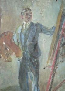 Portrait Of An Artist At Work, Standing Full-length At An Easel by Raphael Bouquet