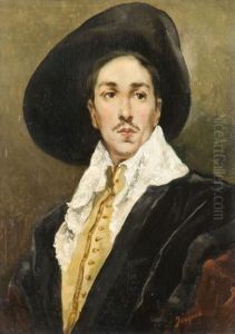 Portrait D'homme Au Chapeau Noir En Costume Du Xviie Siecle