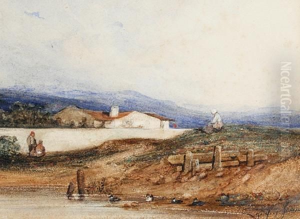 Figures By A Pond With Hills In Thedistance - view 1
