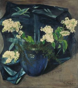 Stilleben Mit Weissem Flieder Inblauer Kugelvase by Willy Jaeckel