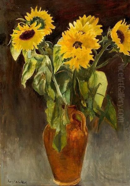 Sonnenblumen In Braunem Tonkrug - view 1