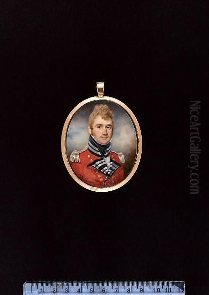 An Officer, Wearing Scarlet Coatee With Blue Facings, Silver Lace, Buttons And Epaulettes, Frilled White Chemise And Black Stock. - view 1