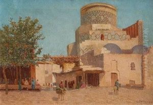 Middle Eastern Villagescene With Figures by Oskar Jahnke