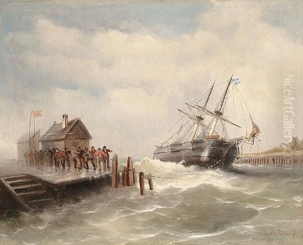 Figures On A Jetty Mooring A Boat In A Storm - view 1