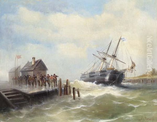 Figures On A Jetty Hauling In A Trading Brig In A Storm - view 1