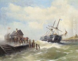 Figures On A Jetty Hauling In A Trading Brig In A Storm by Oskar Jahnke