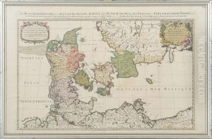 "le Royaume De Danemark". Handcoloured Copperplate Engraving, 1696. Visible Size 63 X 97 Cm