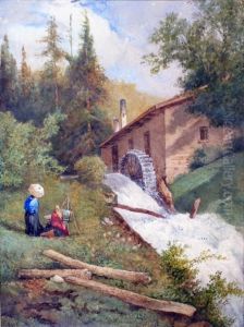 Environs De Berne, Peintre A Son Chevalet Devant Un Moulin A Eau Environs De Berne, Peintre A Son Chevalet Devant Un Moulin A Eau