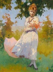 Junge Frau Im Garten Mit Sonnenschirm by Lajos, Louis Jambor