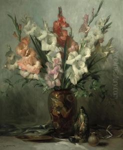 Gladioli In An Oriental Vase With Ornaments On A Draped Table by Lajos, Louis Jambor