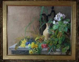 A Still-life Study Of Plants And Flowers On A Shelf by Charlotte James