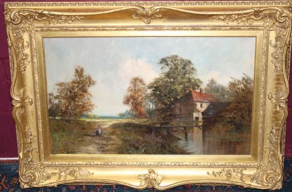 Figure Walking In A Country Lane Beside A Cottage Andpond - view 1