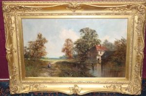 Figure Walking In A Country Lane Beside A Cottage Andpond by F.E. Jamieson