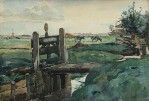 Polderlandschap Met Sluisje En Koeien In De Weide by Willem Jan Steenhof
