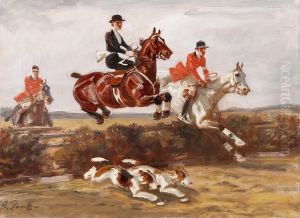 Junge Amazone In Begleitung Zweier Reiter In Rotem Rock by Angelo Jank