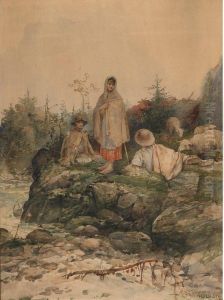 Young Sheep Herders Resting On A Rocky Shore by Czeslaw Boris Jankowski