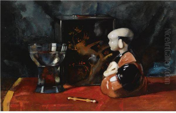 A Still Life Of A Chinese Doll, A Can And A Glass On A Table - view 1