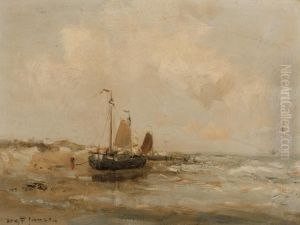 Moored Barges On The Beach by Willem George Fred. Jansen