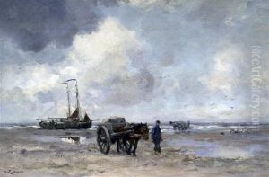 Shell Fisher And Fishing Boats At Low Tide by William George Frederick Jansen