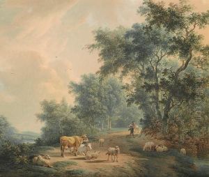 A Wooded Landscape With Cattle And Sheep Resting On A Track With Two Figures Behind by Johannes Janson
