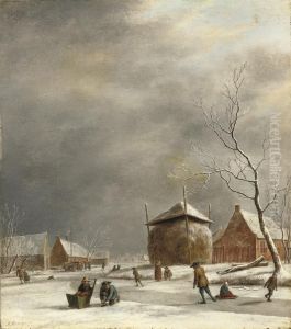 A Winter Landscape With Skaters On A Frozen River Near A Haystack by Johannes Janson