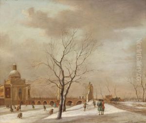 A View Of Themuiderpoort, Amsterdam, In Winter, With Skaters On The Frozensingelgracht An A Horse-drawn Carriage On The Road by Johannes Janson